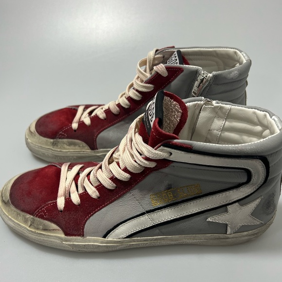 Golden Goose High-Top Suede Sneakers Grey Red Silver Men's EU